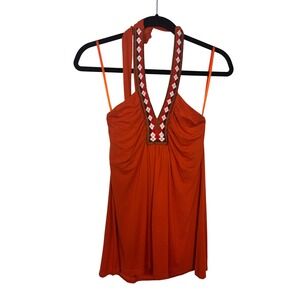 Y2K Le Chateau Womens Burnt Orange Embroidered Halter Top V-Neck Small Vintage
